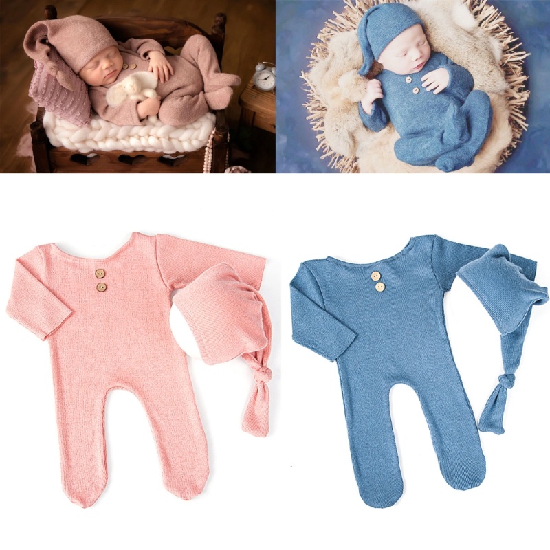 Bộ 2 Món Áo Liền Quần + Mũ Dễ Thương Dùng Làm Đạo Cụ Chụp Ảnh Cho Bé