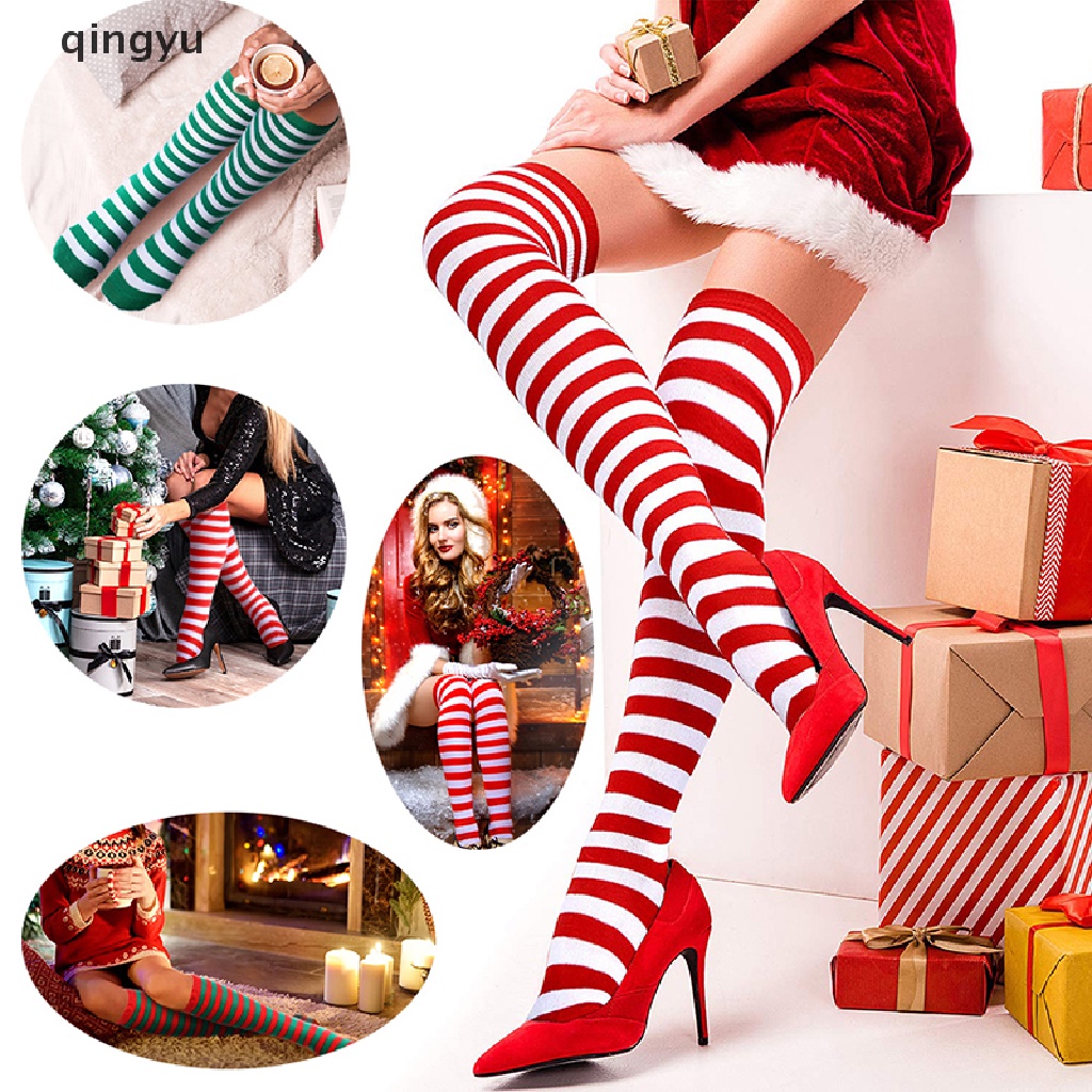 Vớ Dài Qua Gối Họa Tiết Sọc Trang Trí Giáng Sinh Cho Nữ