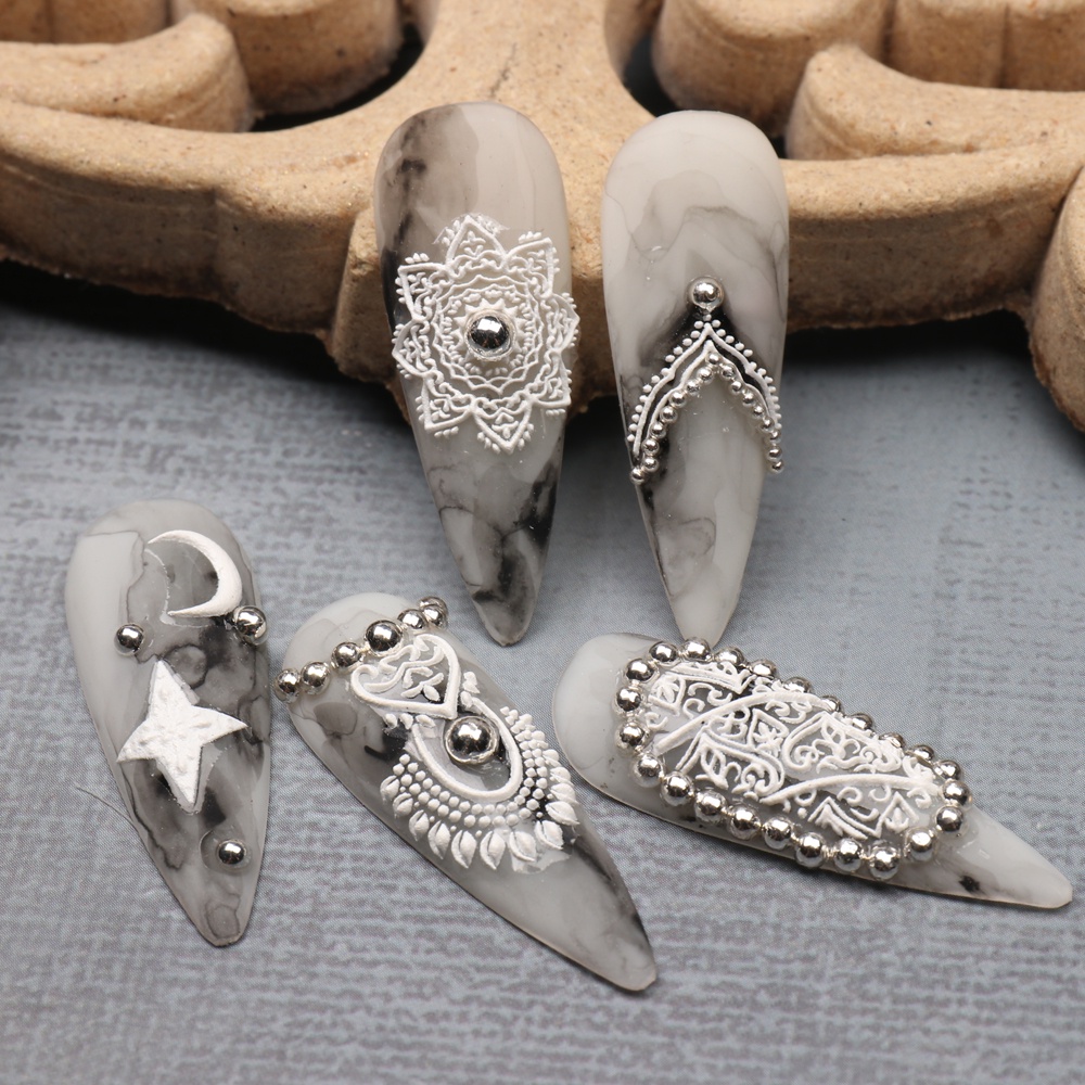 Miếng Dán Trang Trí Móng Tay 5D Họa Tiết Ren Trắng Nâu Ngôi Sao Mặt Trăng Trượt Saw-5D