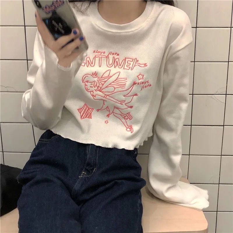 Áo Sơ Mi Ngắn Dài Tay Viền Tai Ôm Dáng Thêu Họa Tiết Thời Trang Hàn Quốc Mới Cho Nữ