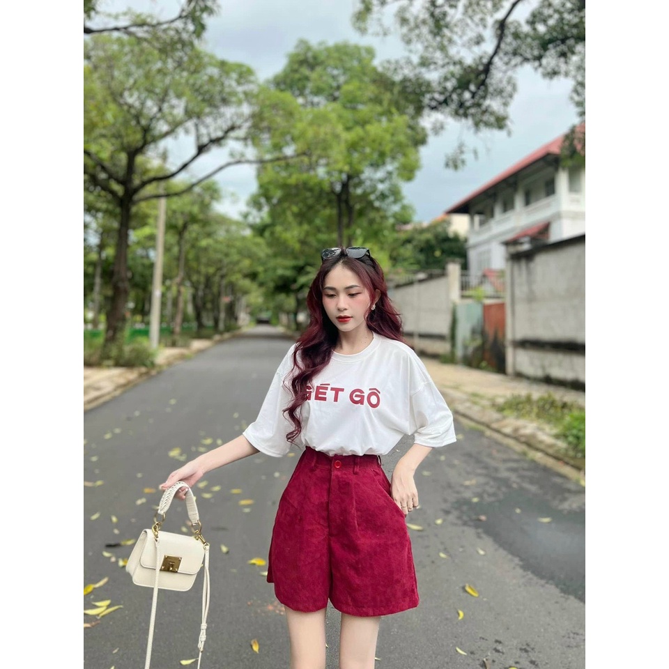 Sét bộ thời trang nữ mặc đi chơi áo cotton tay ngắn cổ tròn in chữ mix quần đùi chất tăm nhung cao cấp