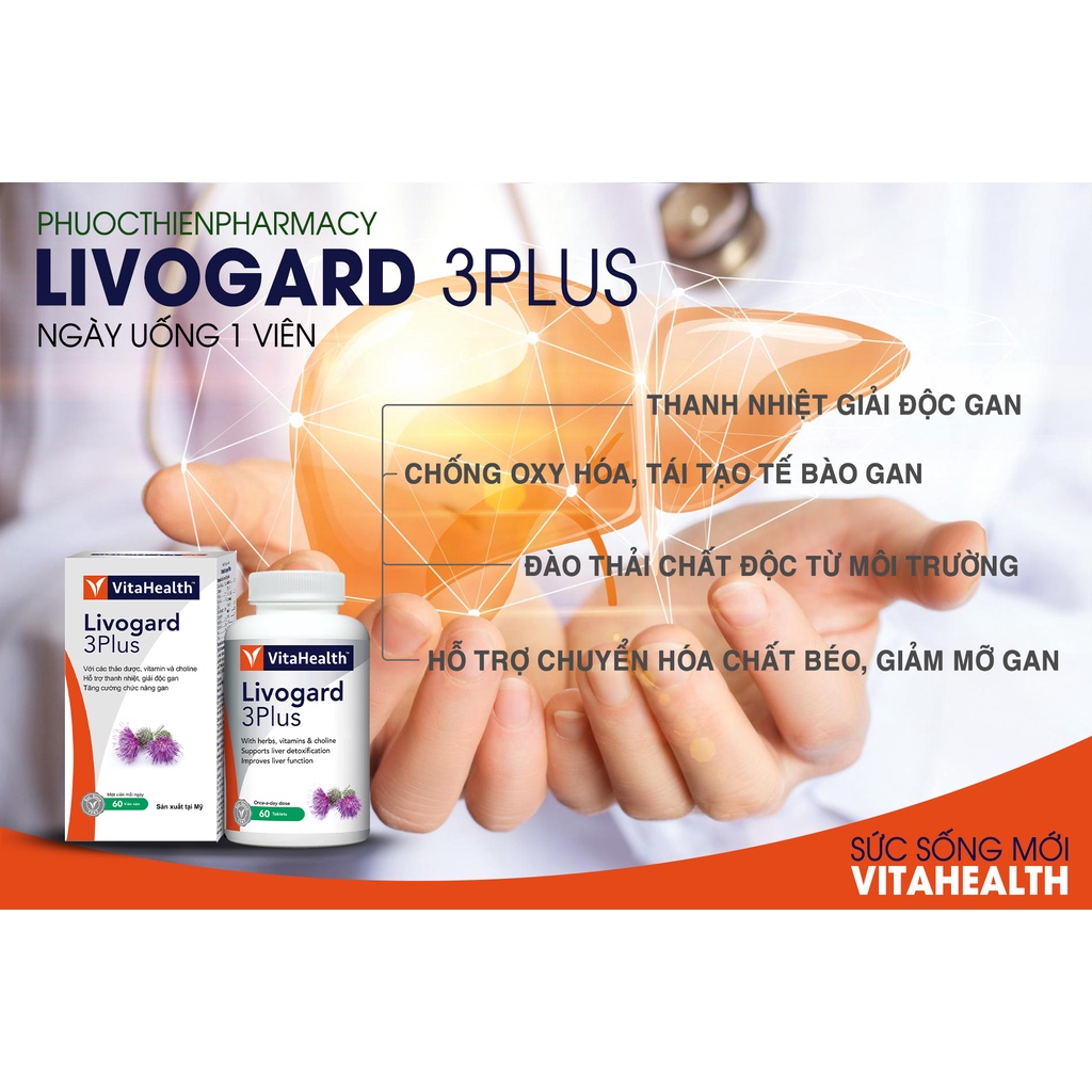Viên uống bổ gan, thải độc gan, hỗ trợ viêm gan Mỹ VitaHealth Livogard 3Plus 60 Viên - thanh nhiệt mát gan bogan
