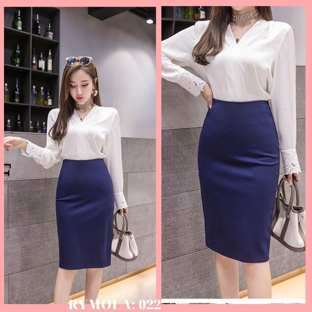 Chân Váy Bút Chì Công Sở Màu Xanh MoLa Cạp Cao Dài 55cm MCV022