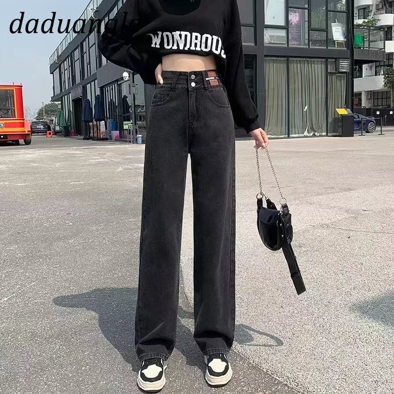 Quần jean Daduhey lưng cao ống rộng dáng thẳng thời trang phong cách Hàn Quốc cho nữ