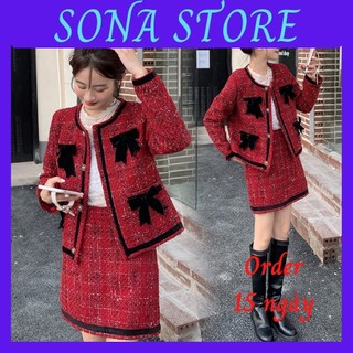 Set dạ tweed nữ tiểu thư mùa đông đỏ bigsize áo khoác chân váy eo cao sang chảnh bánh bèo cute hàng quảng châu cao cấp