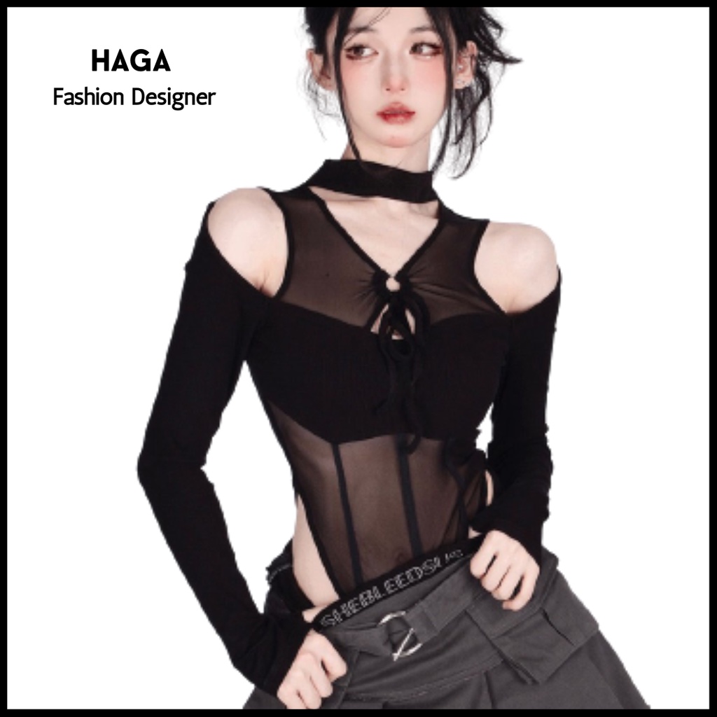 Áo liền quần tay dài nữ HAGA Jumpsuit hở vai phối ren sexy ALT69