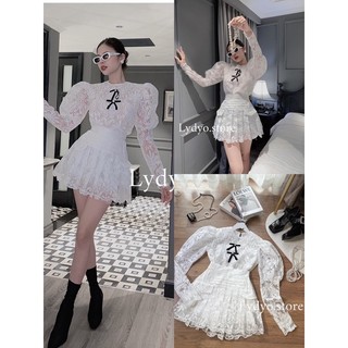 Set váy ren trắng, cổ nơ tay bồng, dài tay, chân váy xếp ly dáng xoè thiết kế cao cấp