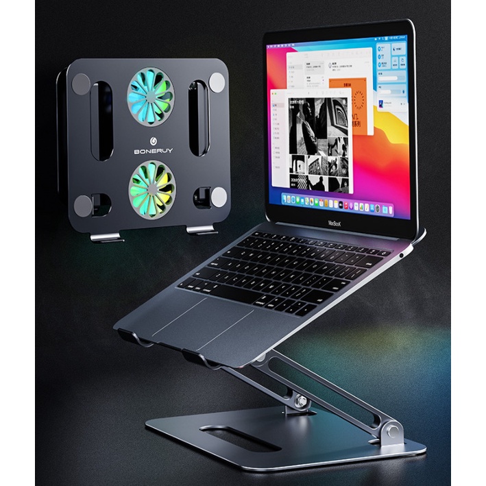 Giá đỡ laptop nhôm P43F 2 quạt LED tản nhiệt cho máy tính macbook để bàn gấp gọn điều chỉnh độ cao góc nghiêng cao cấp