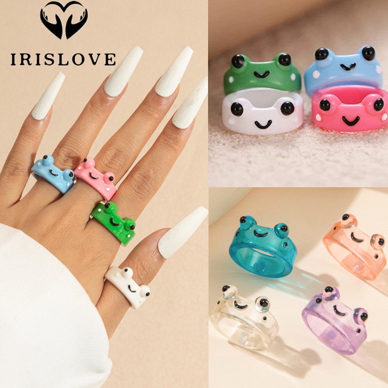 Irislove Nhẫn Cặp Hình Chú Ếch Xanh Lá / Hồng Dễ Thương Xếp Chồng Đơn Giản Làm Quà Tặng Bạn Gái / Nam Nữ