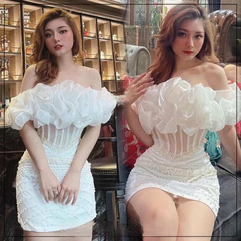 Đầm body phối bèo đinh cườm