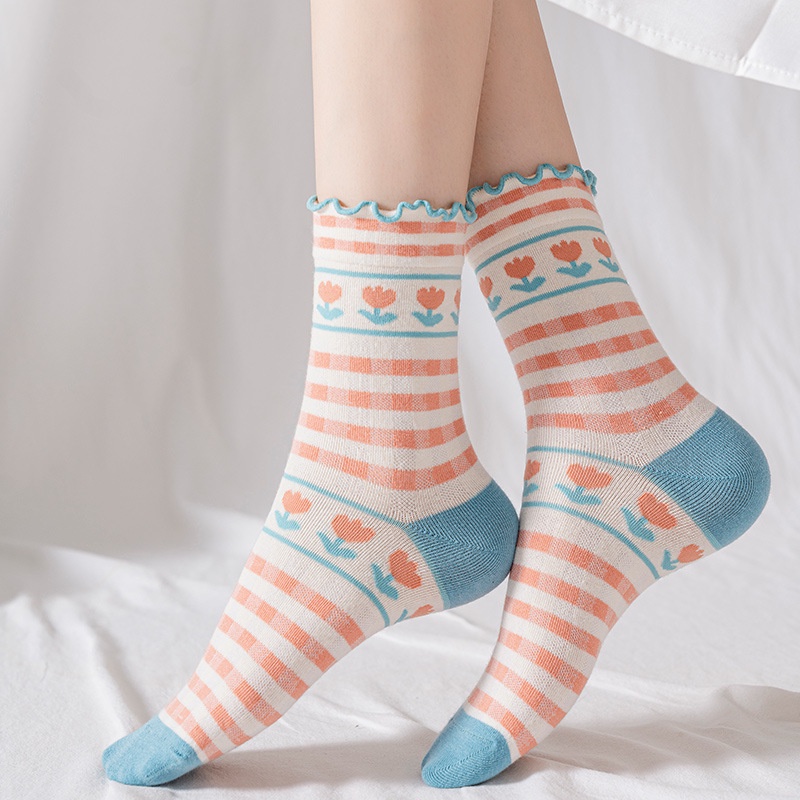 Vớ WAFNHA D774 cotton họa tiết sọc caro thời trang dành cho nữ