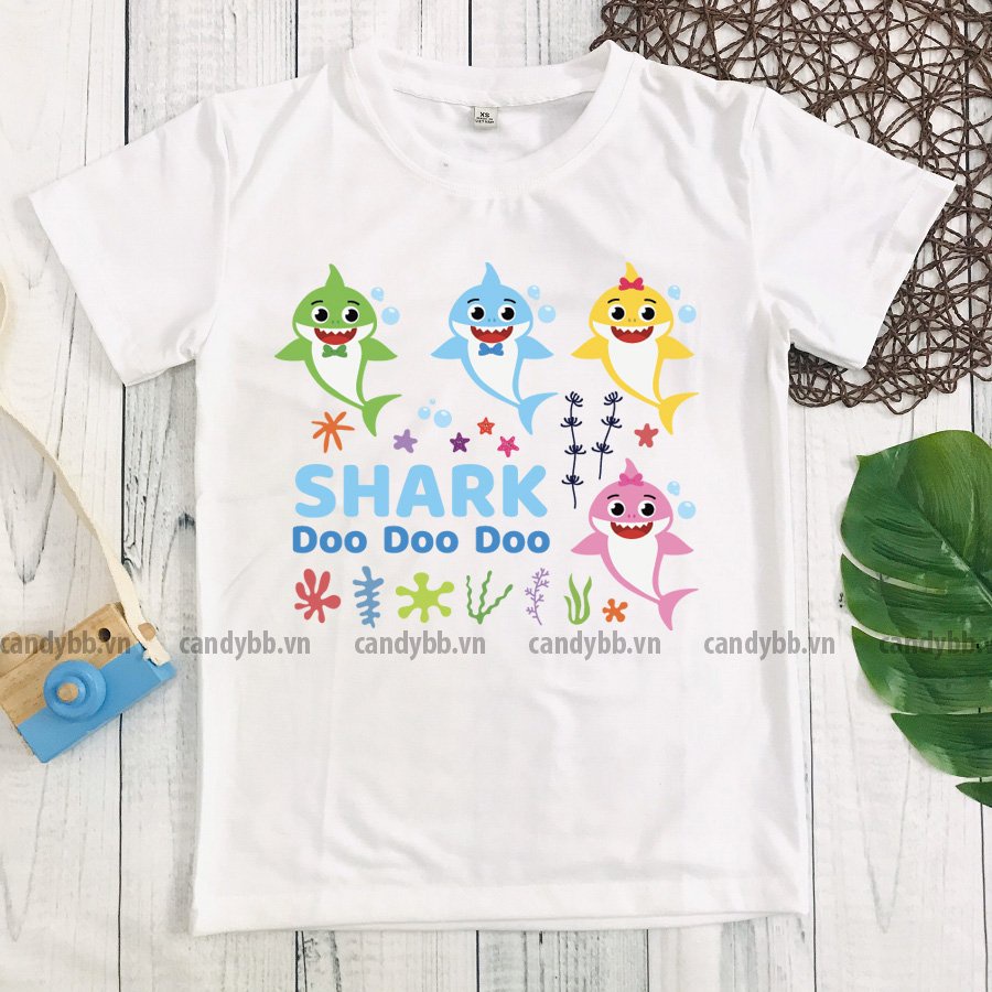 Áo thun trắng trẻ em Baby Shark đáng yêu, thun mềm mịn từ 10kg - 60kg