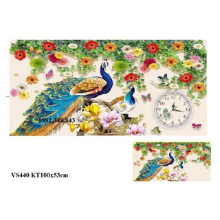 Tranh đính đá đồng hồ chim công KT:100x53cm. Tranh gắn đá chưa đính.