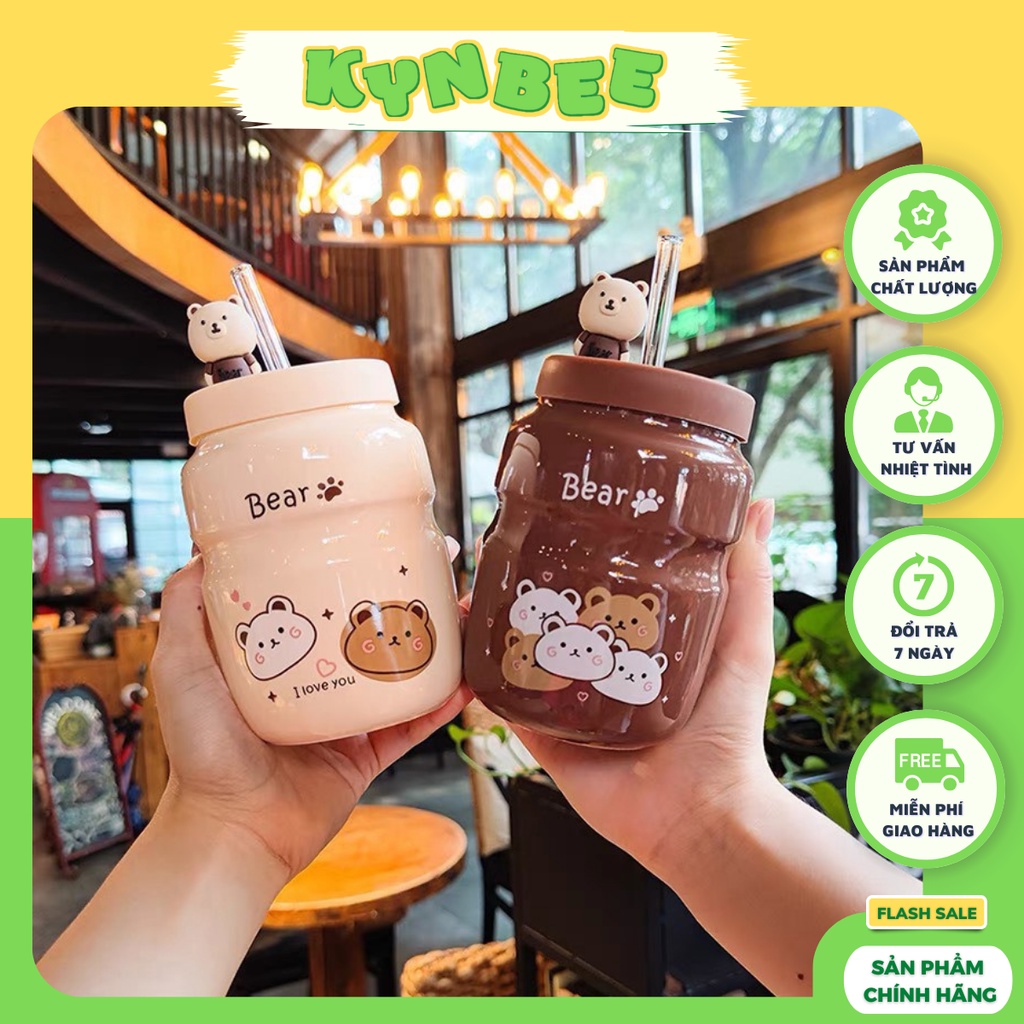 Cốc sứ cao cấp hình chai sữa có hoạ tiết gấu hoạt hình cute kèm nắp silicon và ống hút thuỷ tinh