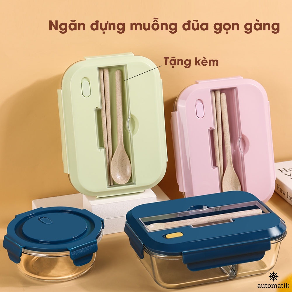 Hộp Đựng Cơm Thủy Tinh, Hộp Đựng Thực Phẩm Giữ Nhiệt, Set Hộp Thủy Tinh, Văn Phòng, 3 Ngăn, Chống Tràn - Automatik