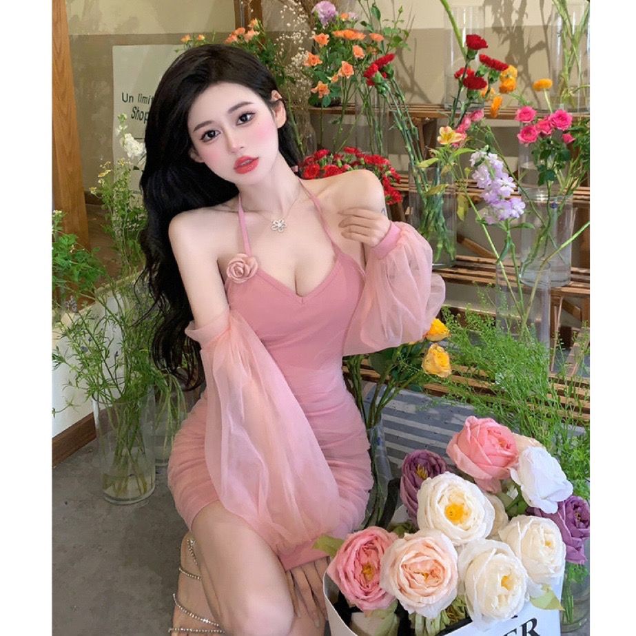 Váy Ngắn Xếp Ly Ôm Eo Tay Phồng Phối Lưới Hoa Trà Màu Trơn Phong Cách Mới Mùa Hè220526