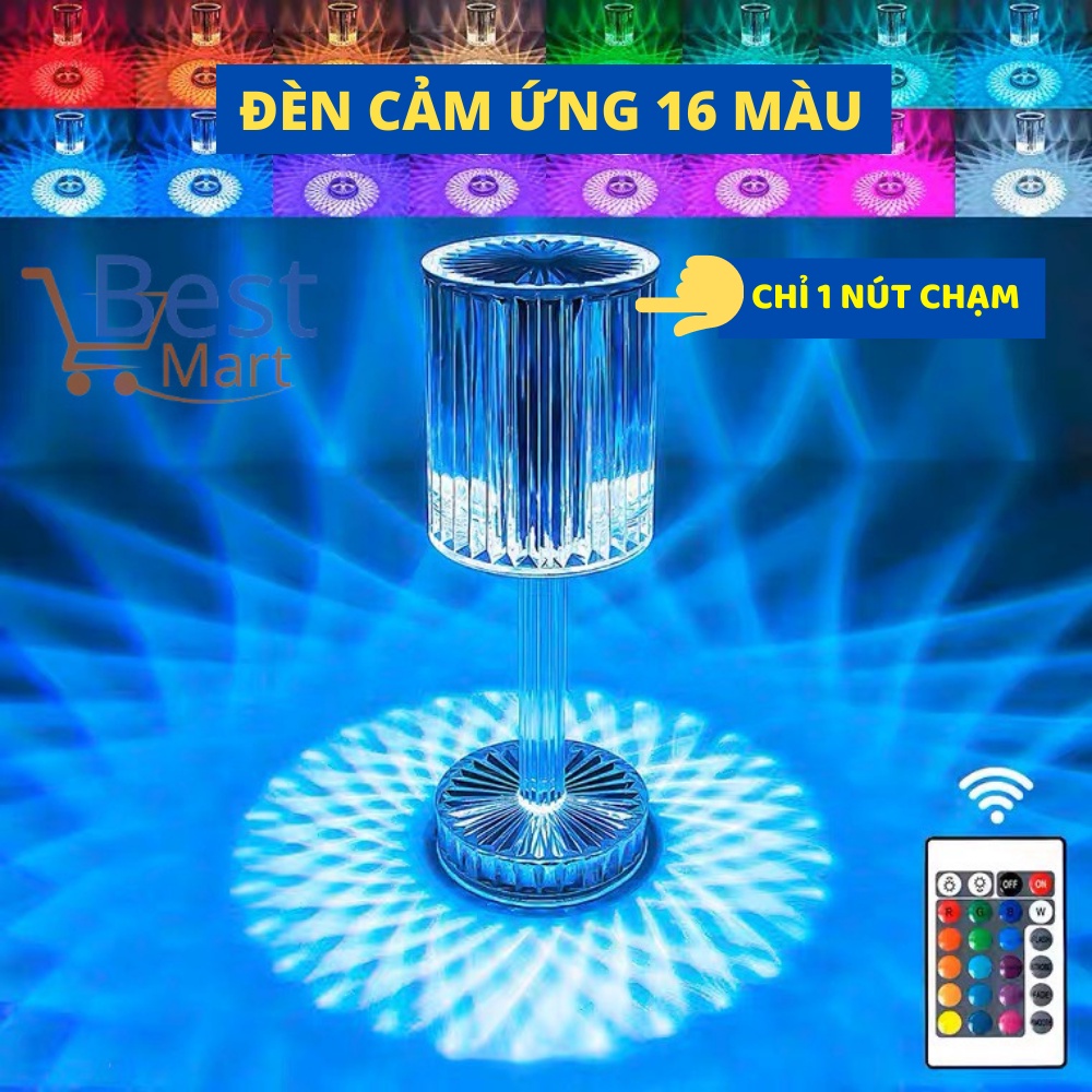 Đèn ngủ pha lê kim cương, Đèn ngủ phong cách châu âu để bàn cảm ứng nhiều màu, Đèn có pin sạc và điều khiển từ xa