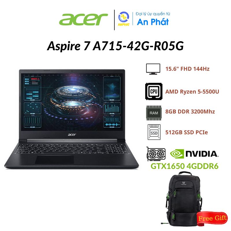 Laptop Acer Aspire 7 A715-42G-R05G/ Đen/ AMD Ryzen 5 5500U/ 1650 4GB/