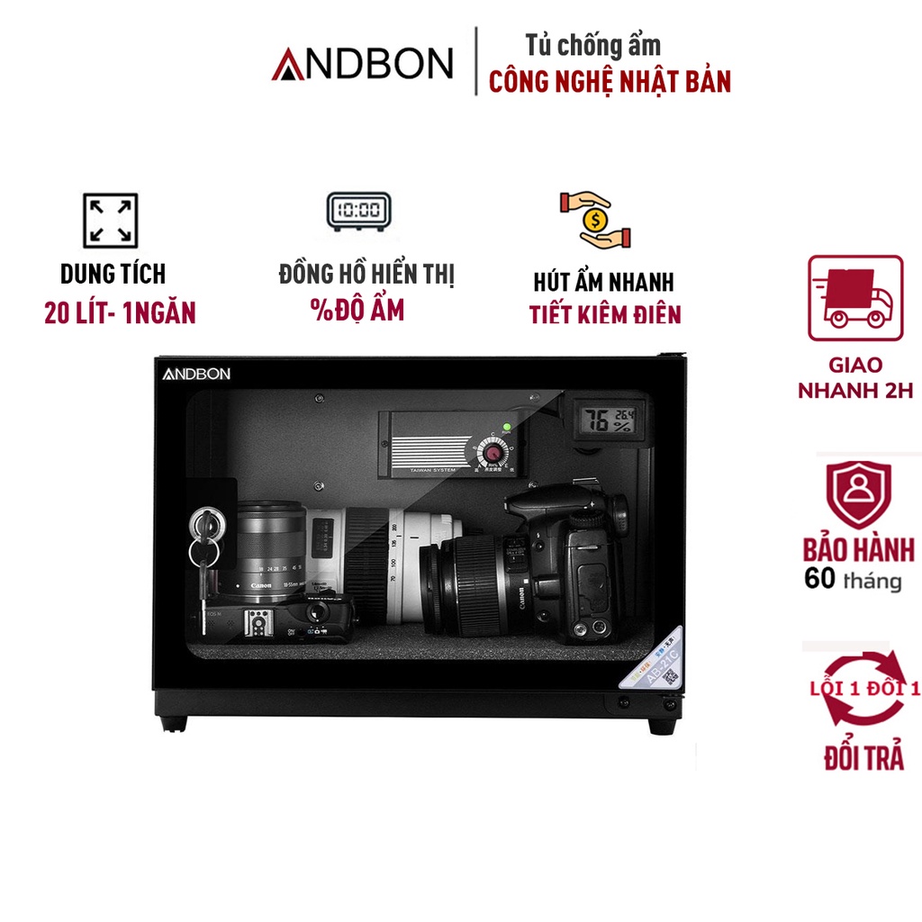 [Mã ELBAU5 giảm 5% đơn 300K] Tủ chống ẩm máy ảnh 20 lít nhập khẩu ANDBON,1 ngăn,tiết kiệm điện,bảo hành 5 năm chính hãng