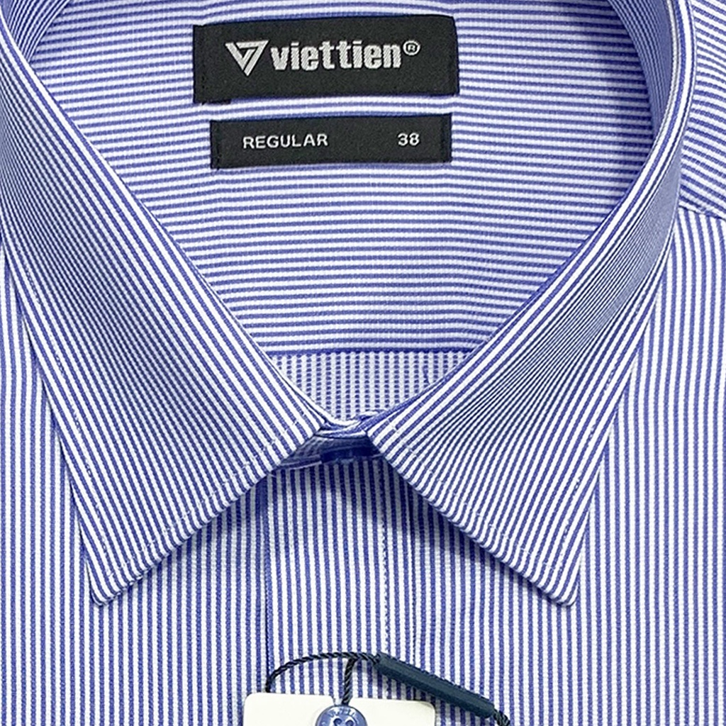 Viettien - Áo sơ mi nam ngắn tay xẻ tà lai ngang kẻ sọc 1P2165 regular
