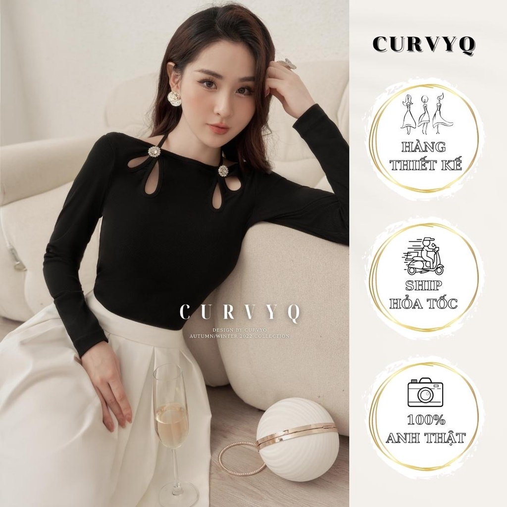 Áo Thun Cổ Thuyền Tay Dài Buộc Dây Cổ Kèm Cài Áo Đá Dáng Ôm Body Cut Out Thời Trang Thiết Kế Nữ CurvyQ