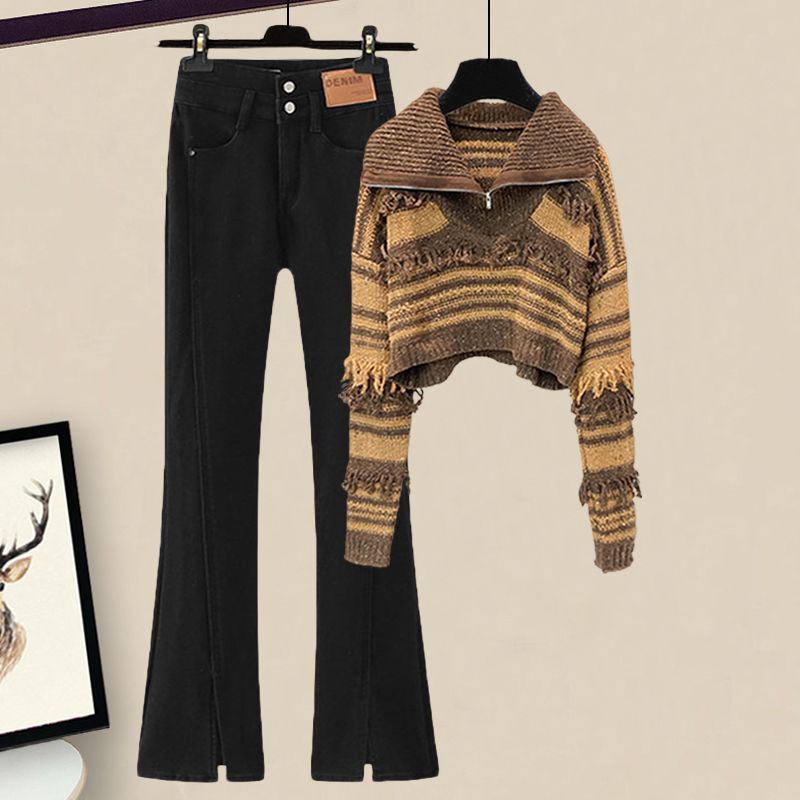 Bộ Áo Sweater Chanel Dáng Ôm + Quần Jeans Lưng Cao Thời Trang Mùa Thu 2022 Cho Nữ