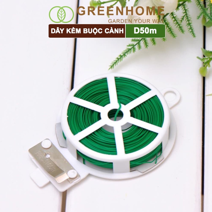 Dây buộc cành dài 50m Greenhome, kẽm bọc nhựa, tích hợp đầu cắt tiện lợi, cố định thân cây, làm giàn