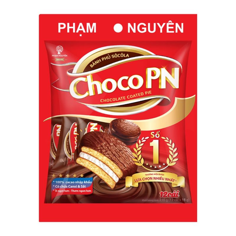 Bánh socola kem Phạm Nguyên Choco PN gói 216g (12 cái)