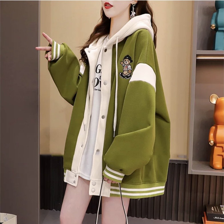 Áo Bomber Unisex - Áo khoác nỉ Hoodie mũ trùm đầu 2 lớp thêu hình gấu dễ thương