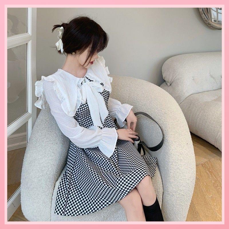 Áo Sơ Mi Voan Tay Dài Cổ Búp Bê Kẻ Sọc Caro Trẻ Trung Hợp Thời Trang