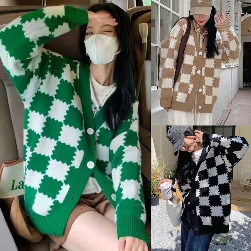 Áo khoác len cardigan nữ dáng dài kiểu dáng caro sọc to màu xanh độc đáo phong cách A165 SUTANO