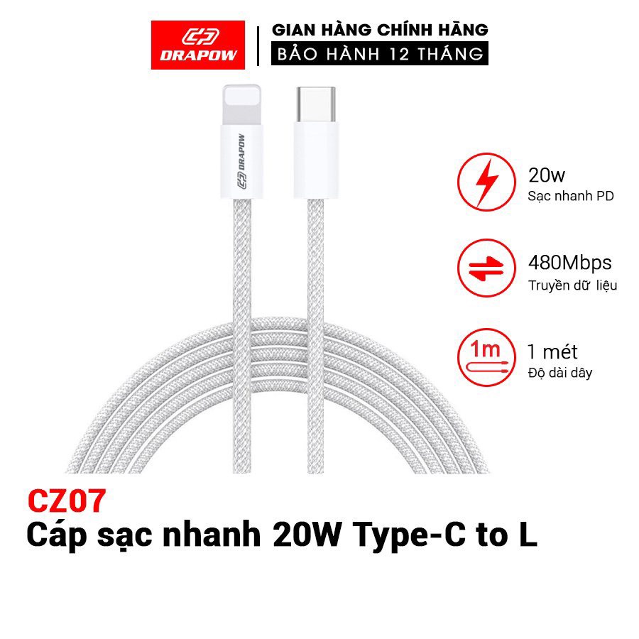 Cáp sạc dây dù DRAPOW 20W CZ07 IP chân Type C to L sạc nhanh PD & Cáp C to C cho nhiều loại điện thoại