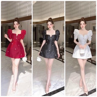 Đầm tafta chữ A cổ v tay phồng đính nơ Đen Đỏ Trắng váy đi chơi Noel Tết dạo phố du lịch dự tiệc sang trọng hotgirl tk
