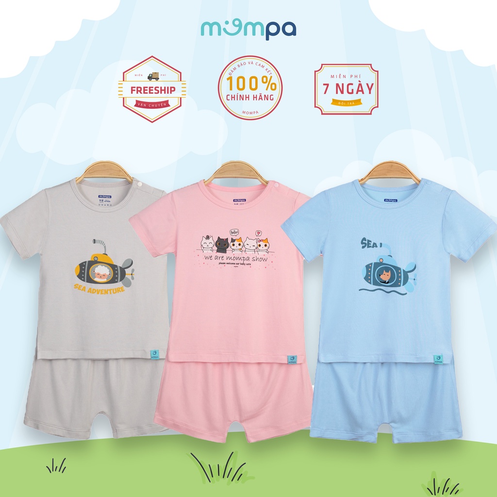 Quần áo cho bé dáng cộc tay trơn in hình Mompa MP 201 vải sợi tre bamboo thoáng mát 6 đến 36 tháng