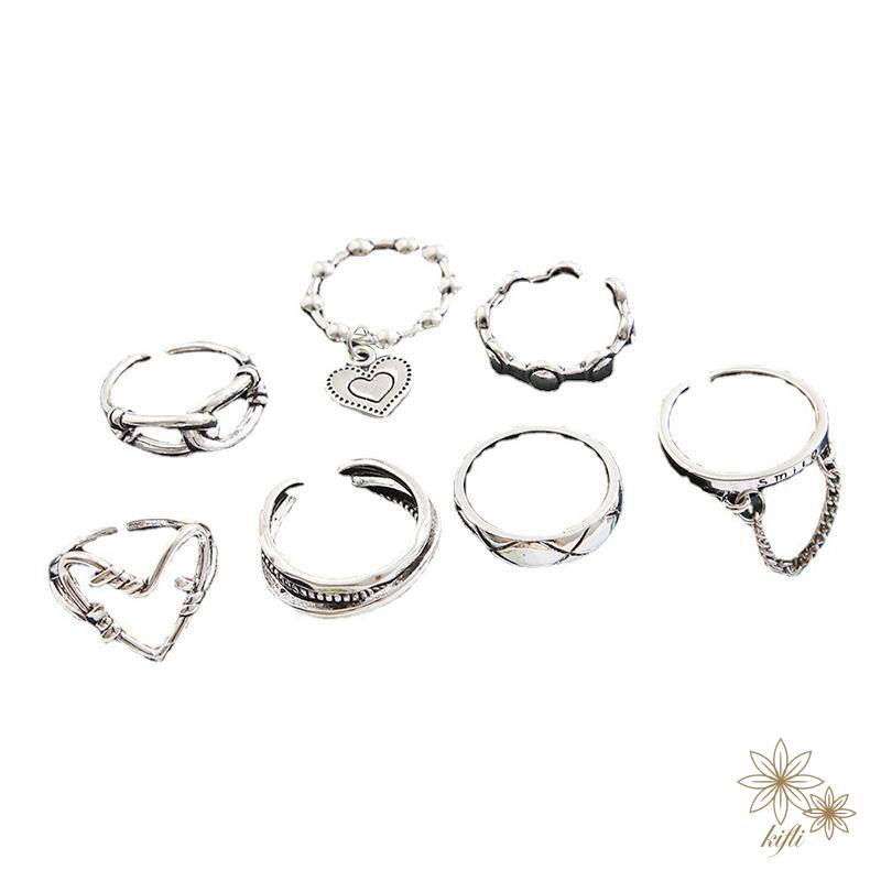 Bộ 7 Nhẫn Hình Học / Trái Tim Đính Đá Phong Cách Punk Hiphop Thời Trang Có Thể Điều Chỉnh