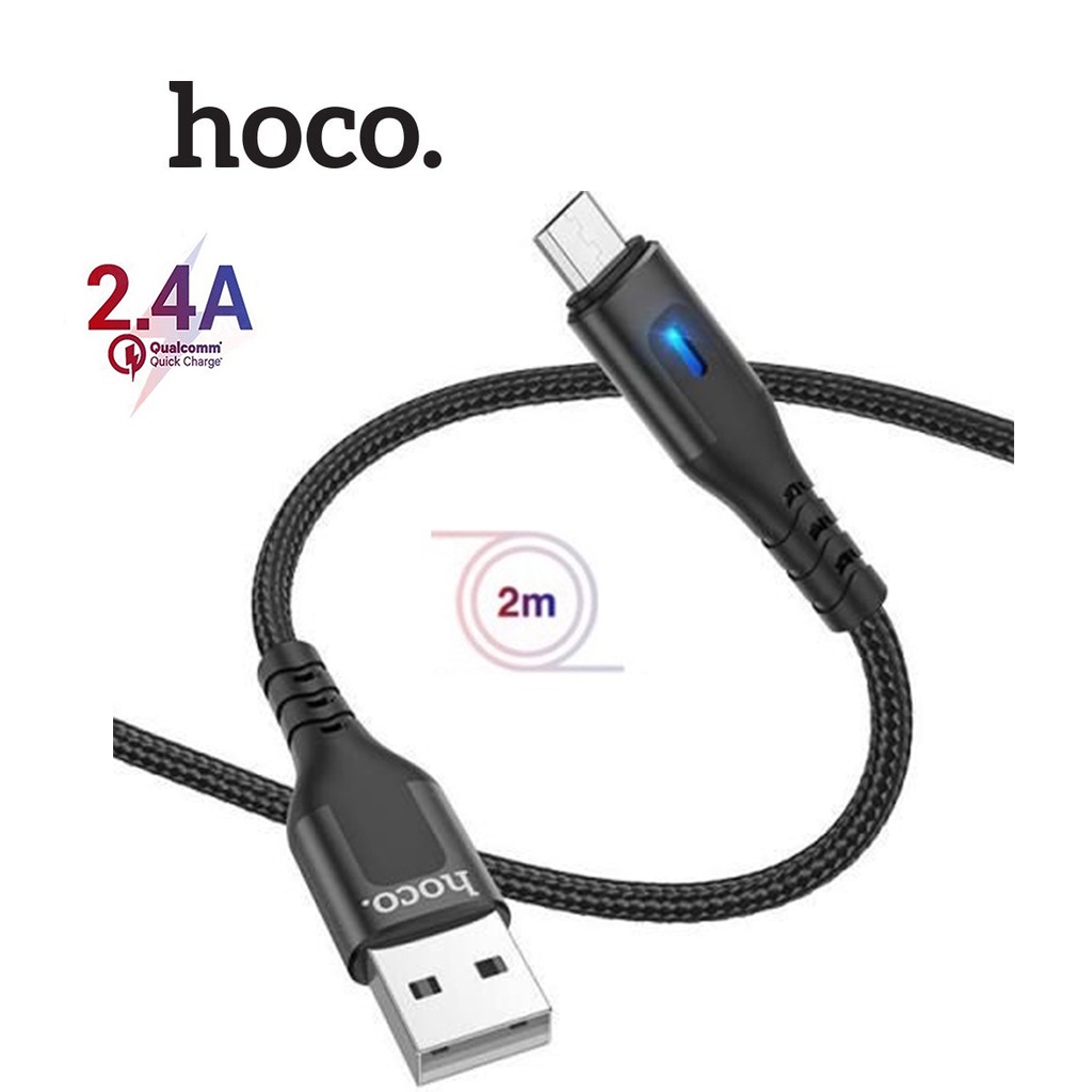 Cáp sạc 2.4A Hoco DU08 Plus Micro đèn Led báo sạc dây dù chống đứt dài 2M ( Đen )