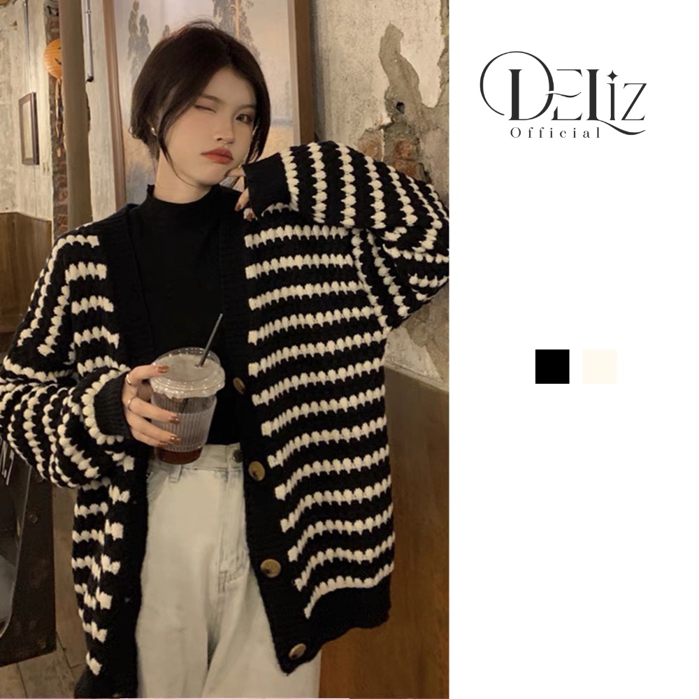 Áo khoác cardigan len nữ DELIZ, áo khoác len cardigan đen trắng Hàn Quốc