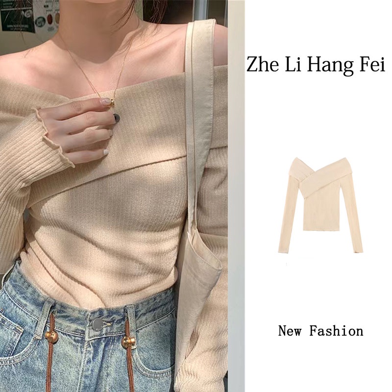 ZHELIHANGFEI Áo Dệt Kim Dài Tay Trễ Vai Dáng Ôm Gợi Cảm