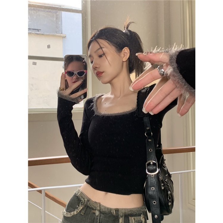 「MOTEL7」Áo Sweater Dệt Kim Ngắn Tay Dài Dáng Ôm Gợi Cảm Thời Trang Thu Đông Cho Nữ