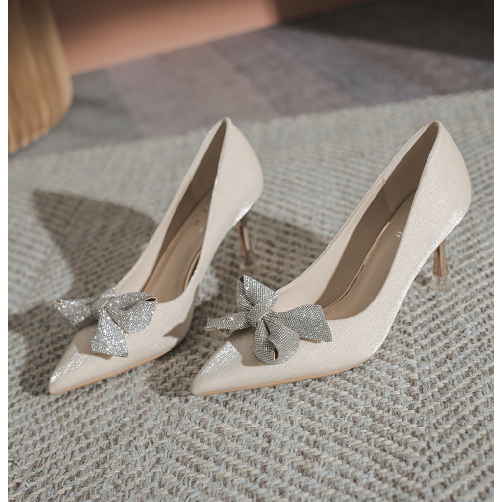 Giày Nữ Cao Cấp , Giày Cao Gót Nữ Mũi Nhọn, Charm Nơ Cao 6p Charm Cao Cấp, Kiểu Dáng Trẻ trung- DA768