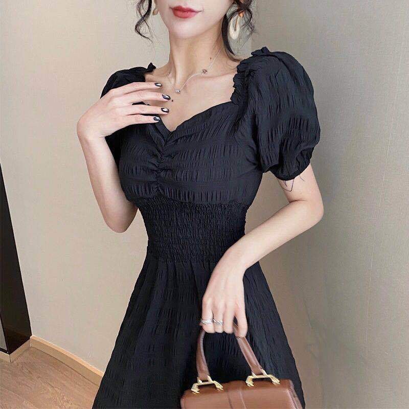 Váy nữ dự tiệc dáng dài, Đầm babydoll trễ vai đi biển tay bồng vải xốp kiểu hàn màu đỏ, đen