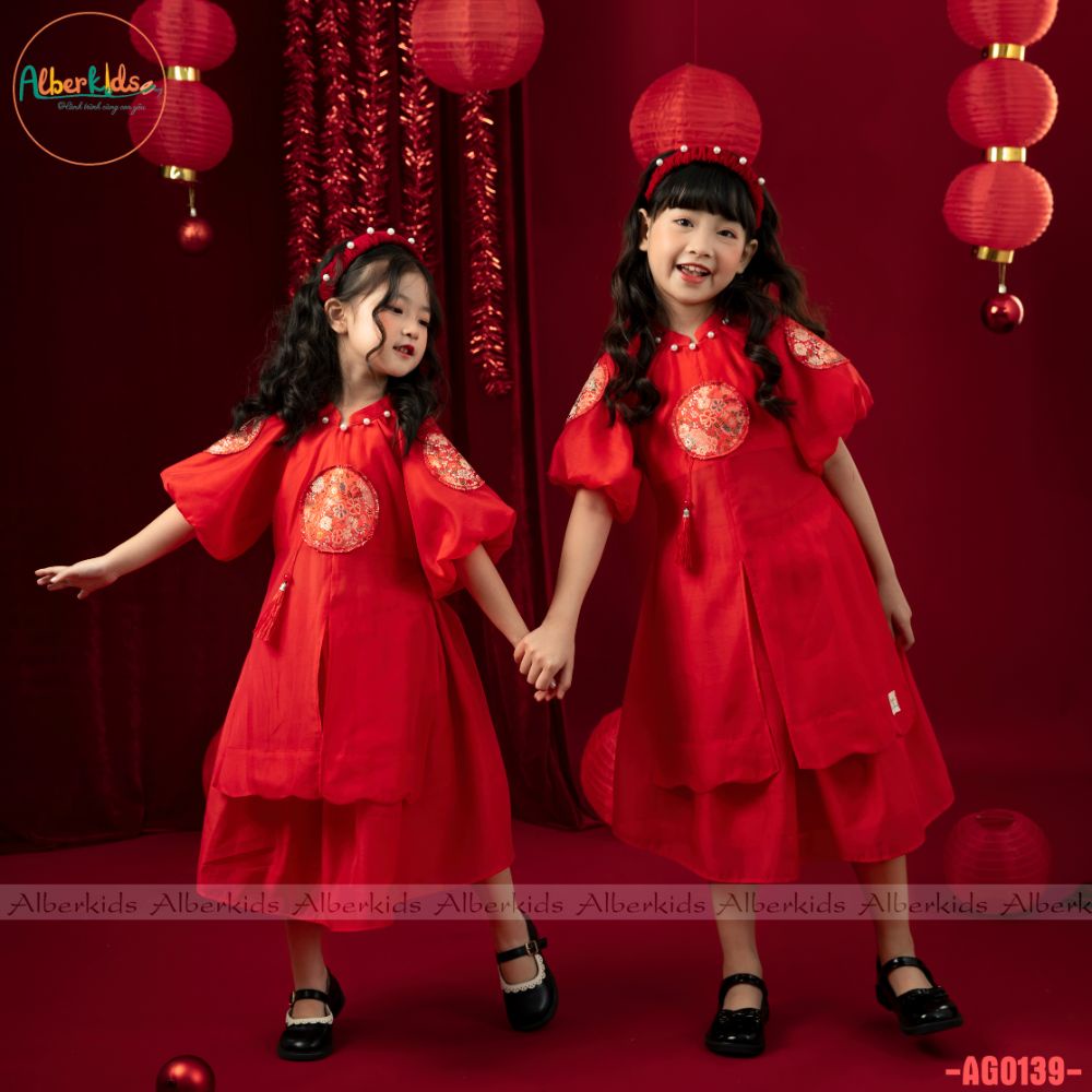 Áo dài bé gái ALBERKIDS ĐỎ, VÀNG nhật nguyệt 2 lớp cho trẻ em 2,3,4,5,6,7,8,9,10,11,12 tuổi [AG0139]