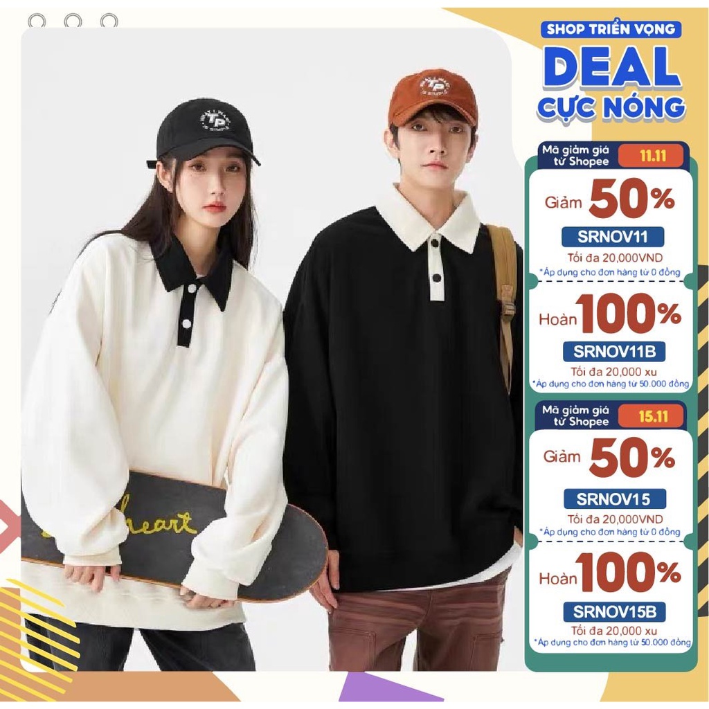 Áo polo sweater unisex by ZONEF OFFICIAL, Áo dáng rộng cổ bẻ tay dài phong cách Hàn Quốc