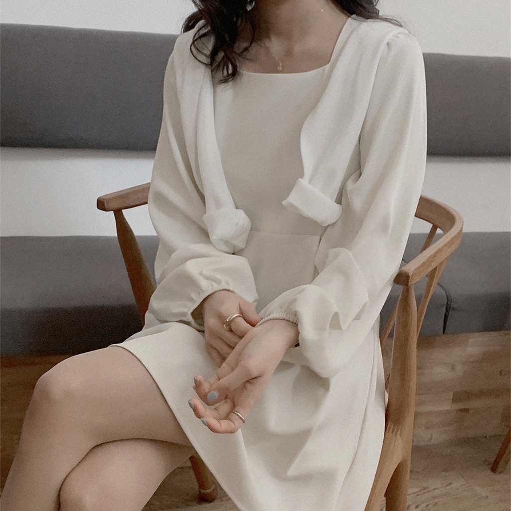 SUXI Đầm Dáng Chữ A Cổ Vuông Màu Sắc Đơn Giản Phong Cách Hàn Quốc Thời Trang Mùa Thu Cho Nữ