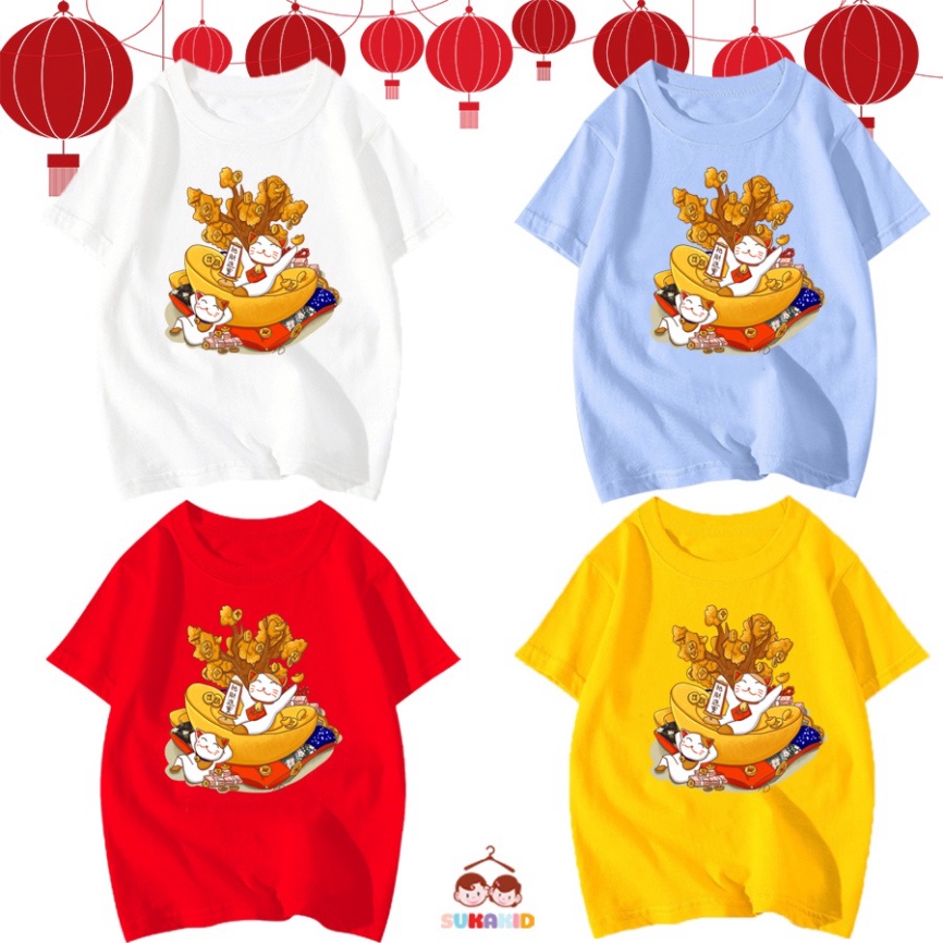 (Sale tết ) Combo 4 Áo thun trẻ em tết 2 chú mèo nằm trên thỏa vàng cho bé từ 6kg-30kg.AT17.