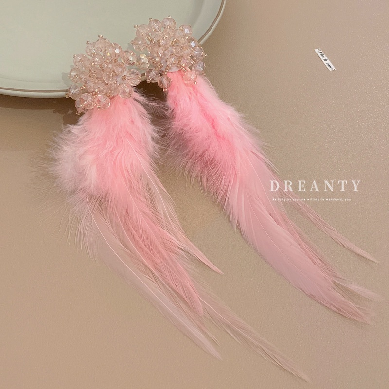 Bông Tai Mạ Bạc Hình Lông Vũ Đính Đá Pha Lê Hồng Thời Trang