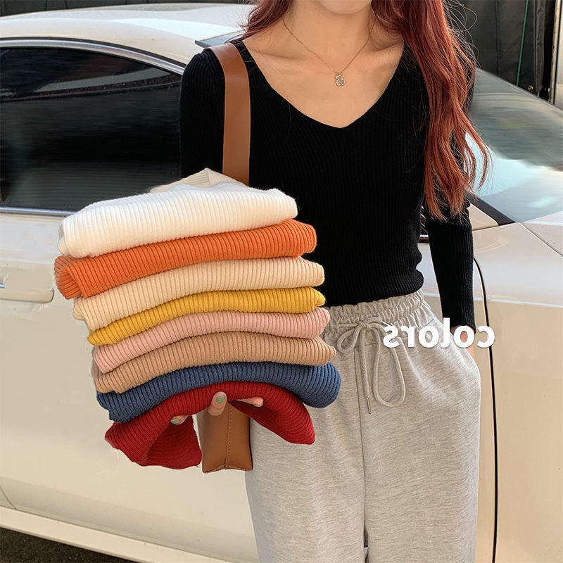 Áo Len Cổ Chữ V Cho Nữ Hàng Dệt Kim, 10 Màu Đơn Giản Retro Màu Trơn Tay Dài Dệt Kim Hàng Đầu