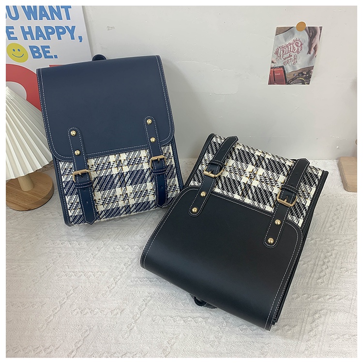 Balo Da Pu Đi Học Cho Nữ Màu Đen Trắng Xanh Phong Cách Vintage Hàn Quốc Cặp Sách Da Kẻ Hình Hộp Chữ Nhật Tiểu Thư Xinh