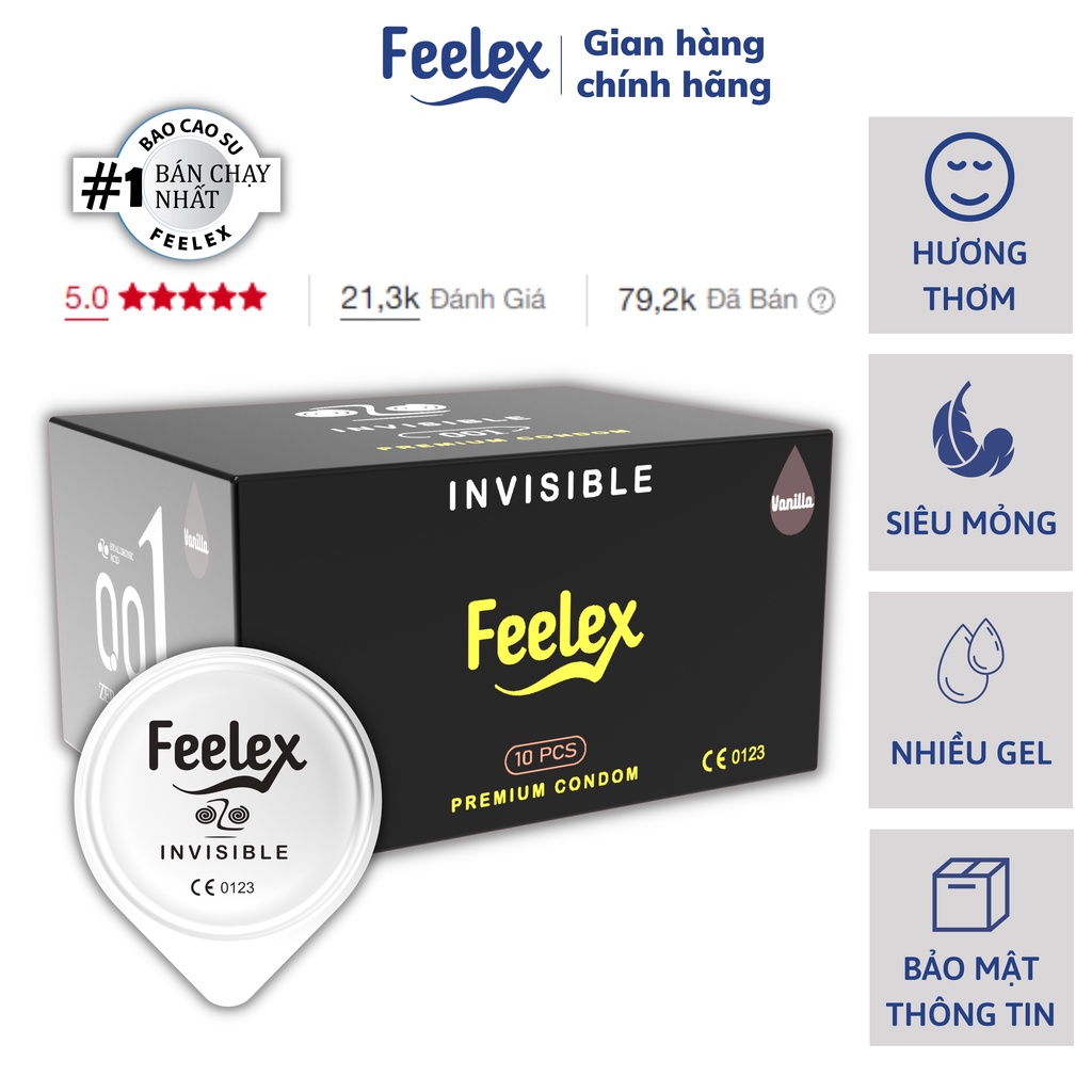 Bao cao su Feelex Invisible siêu mỏng, nhiều gel bôi trơn, hương vani - Hộp 10 bcs-olo_store