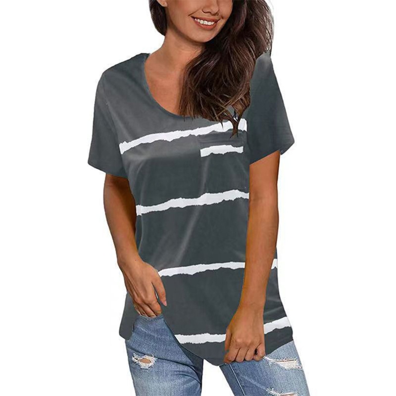 Áo Thun Ngắn Tay Cổ Tròn Dáng Rộng In Họa Tiết Kẻ Sọc Màu Gradient Thời Trang Mùa Hè Cho Nữ Plus